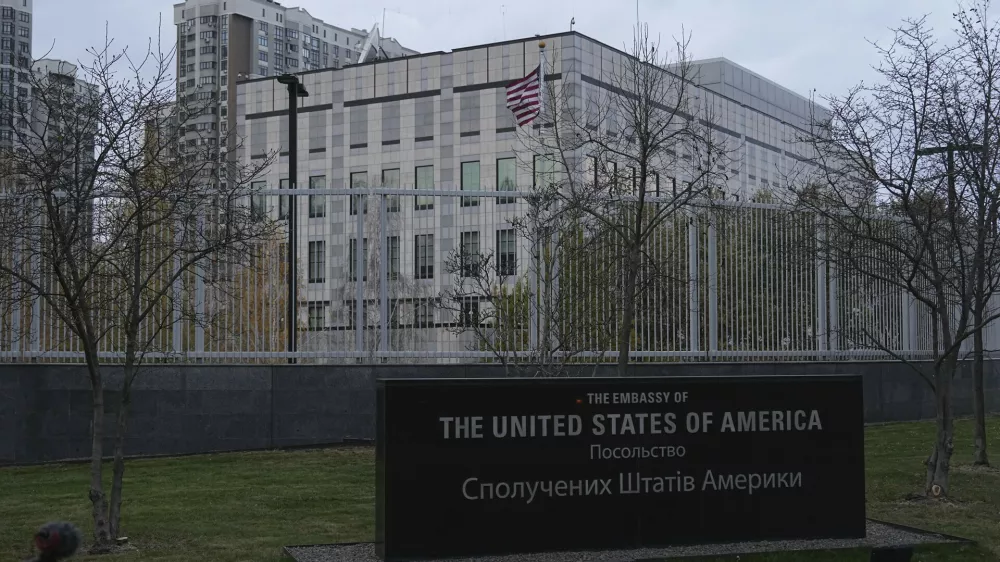 American flag waves in front of the U.S. Embassy in Kyiv, Ukraine, November 20, 2024. (AP Photo/Efrem Lukatsky)