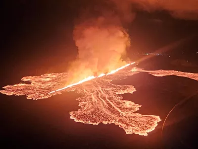 Lava spurts and flows after the eruption of a volcano in the Reykjanes Peninsula near Grindavik, Iceland, in this handout picture released on November 21, 2024. Civil Protection of Iceland/Handout via REUTERS  THIS IMAGE HAS BEEN SUPPLIED BY A THIRD PARTY. NO RESALES. NO ARCHIVES. MANDATORY CREDIT.