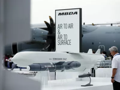 FILE PHOTO: Air-launched long-range Storm Shadow / SCALP cruise missile, manufactured by MBDA, pictured at the 54th International Paris Air Show at Le Bourget Airport near Paris, France, June 20, 2023. REUTERS/Benoit Tessier/File Photo