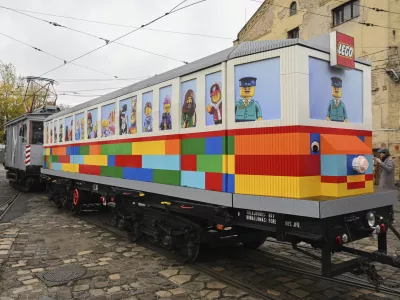 The world's first fixed track LEGO tram, the 'LEGO Vili', made from 1.8 million LEGO bricks, is seen after its presentation in Budapest, Hungary, Wednesday, Nov. 20, 2024. (Zoltan Mathe/MTI via AP)