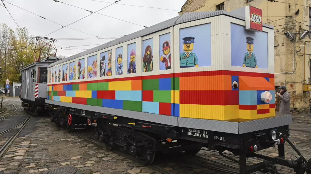 The world's first fixed track LEGO tram, the 'LEGO Vili', made from 1.8 million LEGO bricks, is seen after its presentation in Budapest, Hungary, Wednesday, Nov. 20, 2024. (Zoltan Mathe/MTI via AP)