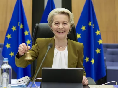 European Commission President Ursula von der Leyen rings a bell to signify the beginning of the weekly college of commissioners meeting at EU headquarters in Brussels on Wednesday, Oct. 30, 2024. (AP Photo/Virginia Mayo)