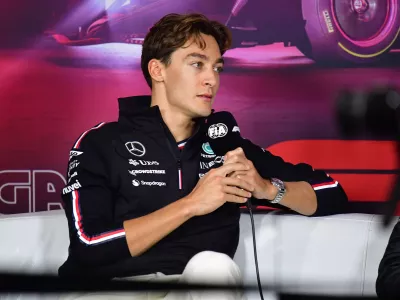 Nov 20, 2024; Las Vegas, Nevada, USA; Mercedes AMG Petronas driver George Russell (63) during media availabilities at Las Vegas Circuit. Mandatory Credit: Gary A. Vasquez-Imagn Images