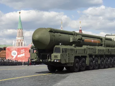 Russian RS-24 Yars ballistic missiles move in Red Square during the Victory Day military parade in Moscow, Russia, Tuesday, May 9, 2023, marking the 78th anniversary of the end of World War II. (Pelagia Tikhonova, M24/Moscow News Agency via AP)