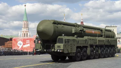 Russian RS-24 Yars ballistic missiles move in Red Square during the Victory Day military parade in Moscow, Russia, Tuesday, May 9, 2023, marking the 78th anniversary of the end of World War II. (Pelagia Tikhonova, M24/Moscow News Agency via AP)