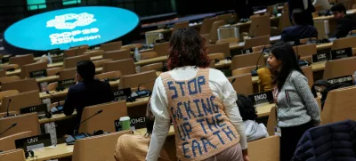 An activist stands during a closing plenary meeting at the COP29 United Nations Climate Change Conference, in Baku, Azerbaijan November 24, 2024. REUTERS/Murad Sezer   TPX IMAGES OF THE DAY