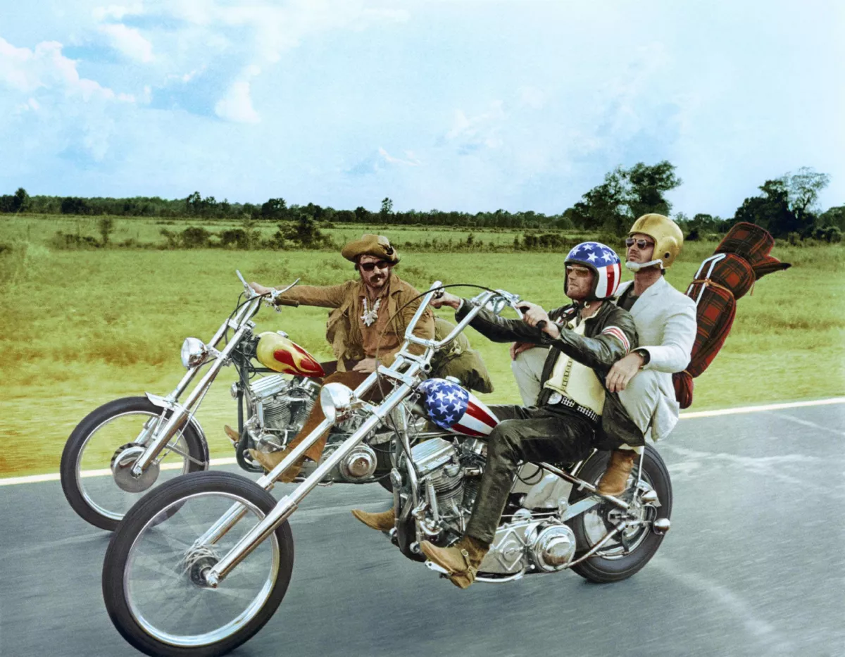 American actors Peter Fonda and Jack Nickolson with actor, director and screenwriter Dennis Hopper on the set of his movie Easy Rider. (Photo by Sunset Boulevard/Corbis via Getty Images)