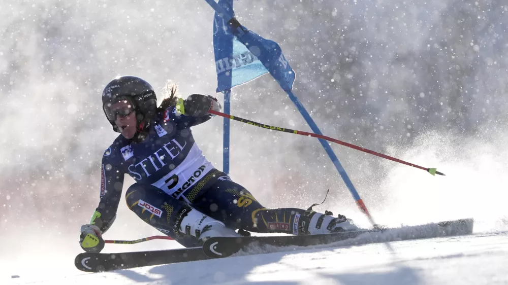 Sara Hector, of Sweden, competes during a women's World Cup giant slalom skiing race, Saturday, Nov. 30, 2024, in Killington, Vt. (AP Photo/Robert F. Bukaty)