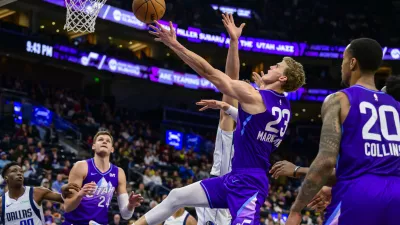 Utah Jazz forward Lauri Markkanen (23) shoots the basketball during the second half of an NBA basketball game against the Dallas Mavericks, Saturday, Nov. 30, 2024, in Salt Lake City. (AP Photo/Tyler Tate)