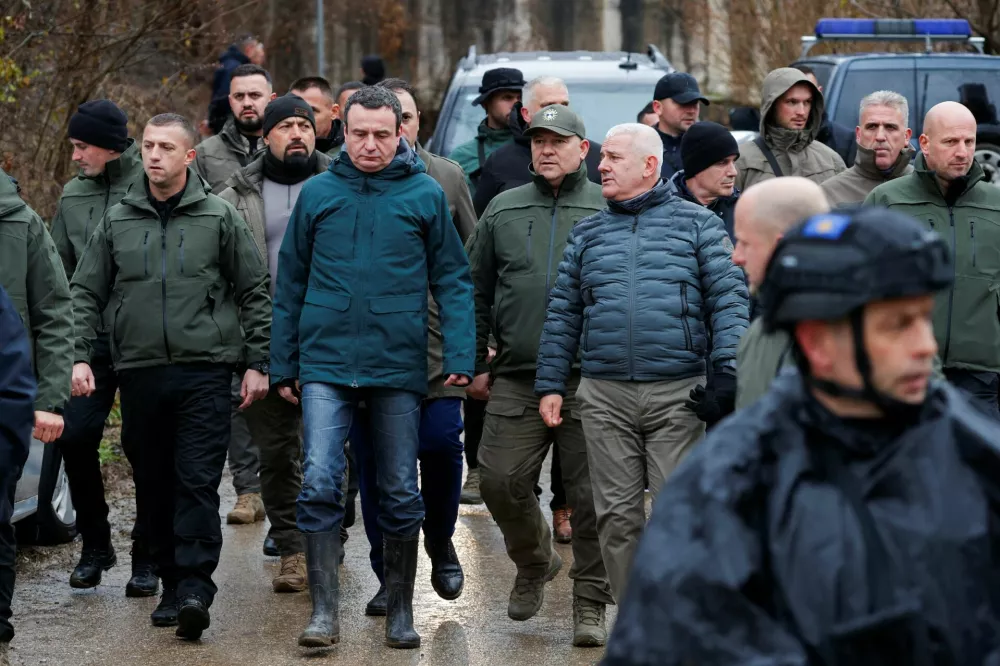 Kosovo's Prime Minister Albin Kurti visits the damaged canal in northern Kosovo, supplying water to two coal-fired power plants that generate nearly all of the country's electricity, in Varage, near Zubin Potok, Kosovo November 30, 2024. REUTERS/Valdrin Xhemaj