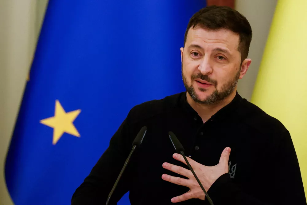 Ukraine's President Volodymyr Zelenskiy attends a joint press conference with European Council President Antonio Costa (not pictured), amid Russia's attack on Ukraine, in Kyiv, Ukraine, December 1, 2024. REUTERS/Alina Smutko   TPX IMAGES OF THE DAY