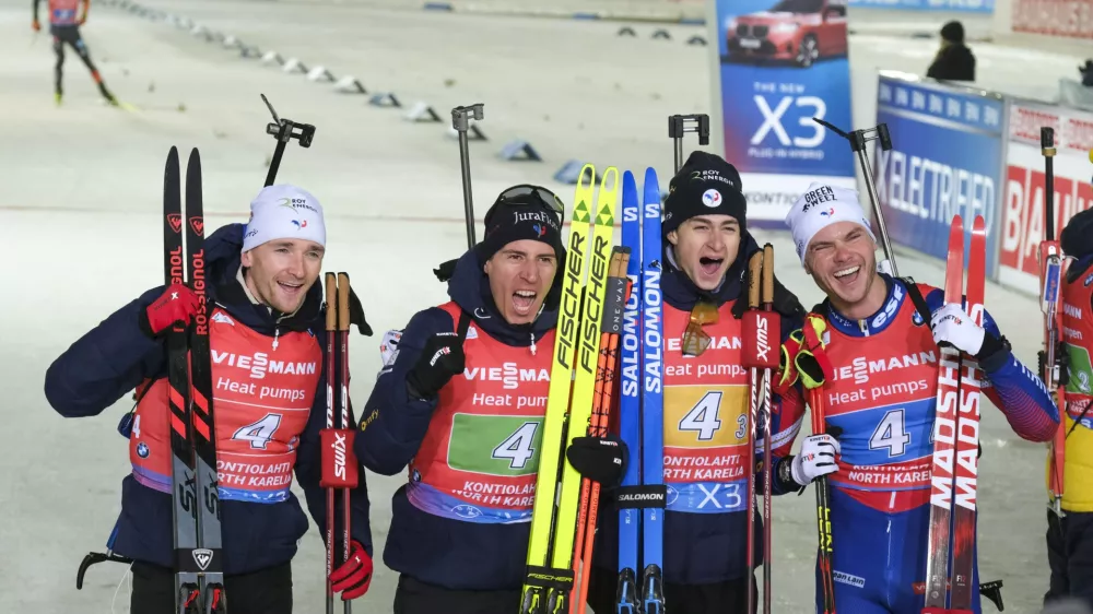 01 December 2024, Finland, Kontiolahti: (L-R) French biathletes Fabien Claude, Quentin Fillon Maillet, Eric Perrot and Emilien Jacquelin celebrate their victory after men's 4x7,5km relay during the IBU Biathlon World Cup in Kontiolahti. Photo: Minna Raitavuo/Minna Raitavuo/dpa