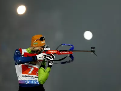 Biathlon - Biathlon World Championships - Nove Mesto Na Morave, Czech Republic - February 15, 2024 Slovenia's Jakov Fak warms up before the single mixed relay REUTERS/David W Cerny