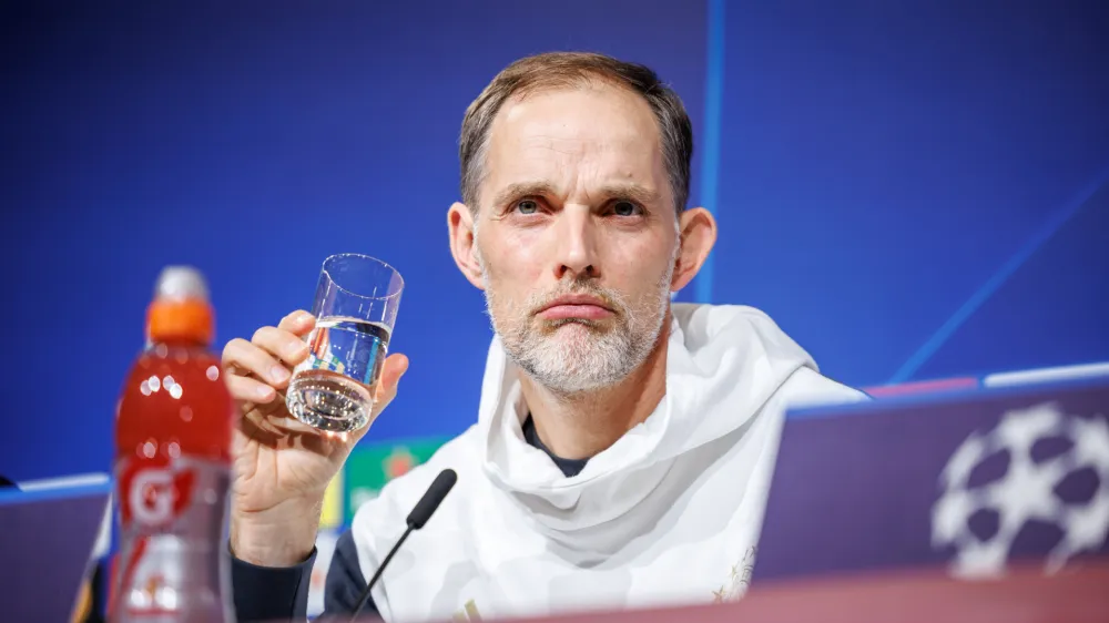 18 April 2023, Bavaria, Munich: Munich Coach Thomas Tuchel attends a press conference, ahead of Wednesday's UEFA Champions League quarterfinals second leg soccer match against Manchester City. Photo: Matthias Balk/dpa