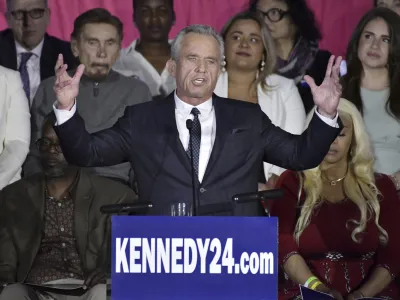 Robert F. Kennedy Jr. speaks at an event where he announced his run for president on Wednesday, April 19, 2023, at the Boston Park Plaza Hotel, in Boston. (AP Photo/Josh Reynolds)