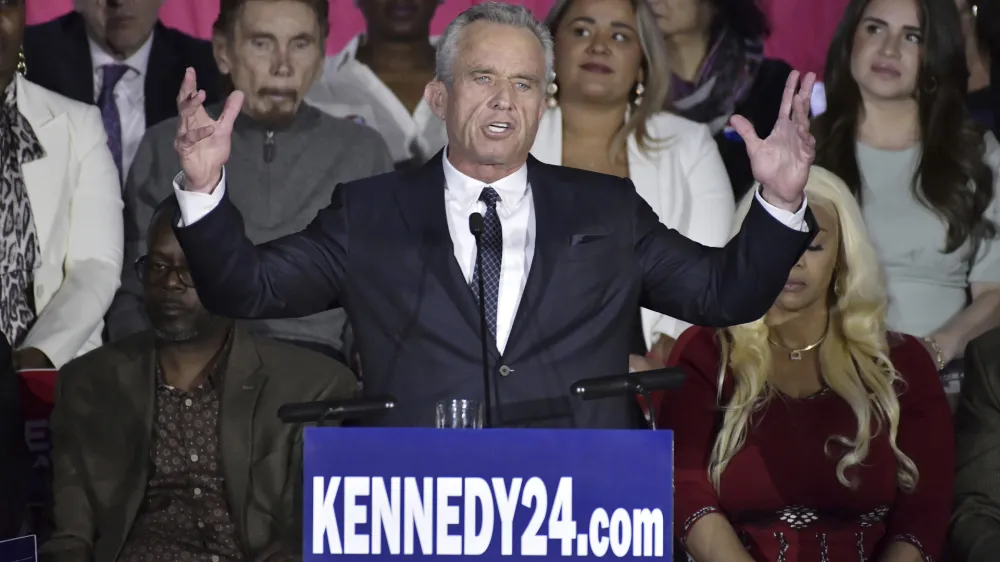 Robert F. Kennedy Jr. speaks at an event where he announced his run for president on Wednesday, April 19, 2023, at the Boston Park Plaza Hotel, in Boston. (AP Photo/Josh Reynolds)