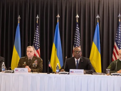 21 April 2023, Rheinland-Pfalz, Ramstein-Miesenbach: (L-R) Boris Pistorius, German Defence Minister, US General Mark Miller, Lloyd Austin, U.S. Defence Secretary, and Olexiy Resnikov, Defence Minister of Ukraine, sit together during a meeting of the Ukraine defence contact group at Ramstein air base. Photo: Sebastian Christoph Gollnow/dpa