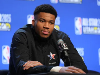 Feb 19, 2023; Salt Lake City, UT, USA; Team Giannis forward Giannis Antetokounmpo (34) speaks to the media after the 2023 NBA All-Star Game against Team LeBron at Vivint Arena. Mandatory Credit: Kirby Lee-USA TODAY Sports