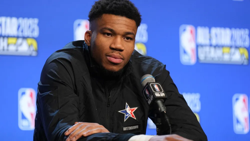 Feb 19, 2023; Salt Lake City, UT, USA; Team Giannis forward Giannis Antetokounmpo (34) speaks to the media after the 2023 NBA All-Star Game against Team LeBron at Vivint Arena. Mandatory Credit: Kirby Lee-USA TODAY Sports