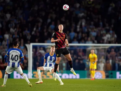 24 May 2023, United Kingdom, Brighton: Manchester City's Erling Haaland in action during the English Premier League soccer match between Brighton and Hove Albion and Manchester City at the American Express Community Stadium. Photo: Nick Potts/PA Wire/dpa