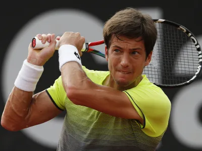 Slovenia's Aljaz Bedene watches the ball returning to Spain's Pablo Busta, during the Rio Open tennis tournament in Rio de Janeiro, Brazil, Thursday, Feb. 22, 2018. (AP Photo/Leo Correa)