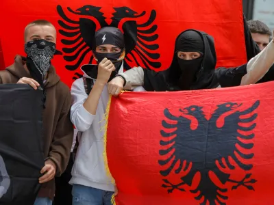 Albanians protest near the bridge which connects south and north Mitrovica, in Mitrovica, Kosovo, June 1, 2023. REUTERS/Ognen Teofilovski