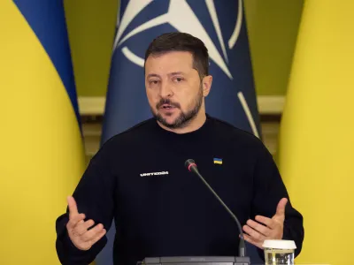 FILE - Ukrainian President Volodymyr Zelenskyy talks during a joint press conference with NATO Secretary General Jens Stoltenberg in Kyiv, Ukraine, April 20, 2023. China said Thursday, May 18, 2023 its special envoy met with Zelenskyy during talks in Kyiv earlier this week. (AP Photo/Efrem Lukatsky, File)