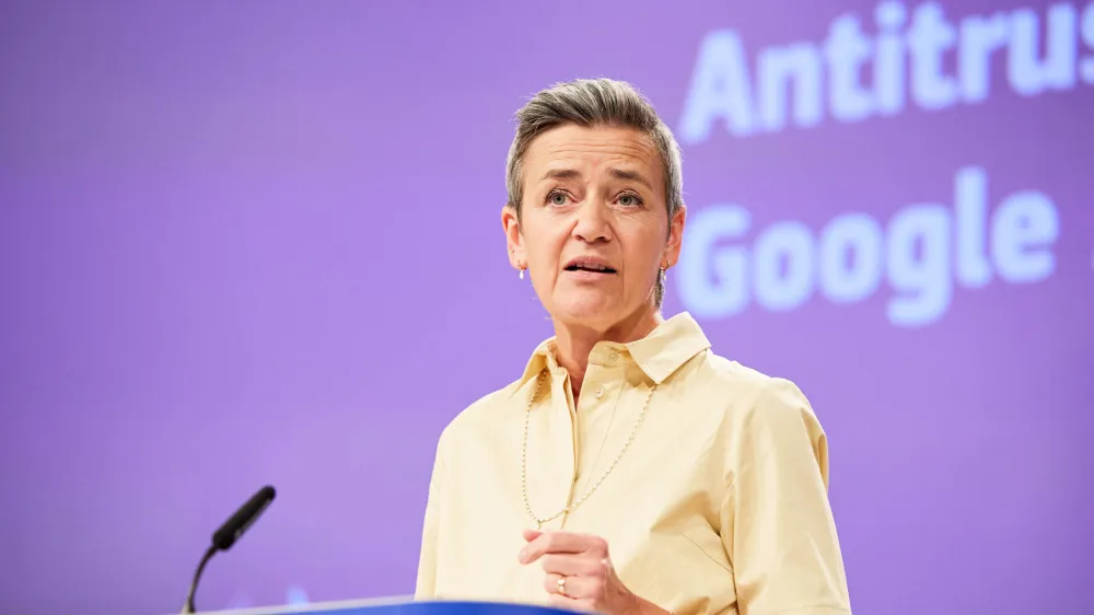 HANDOUT - 14 June 2023, Belgium, Brussels: European Commission vice-president in charge Europe fit for the digital Margrethe Vestager gives a press conference on the launch of antitrust probe against Google over online ads at the EU headquarters in Brussels. Photo: Claudio Centonze/European Commission/dpa - ATTENTION: editorial use only and only if the credit mentioned above is referenced in full