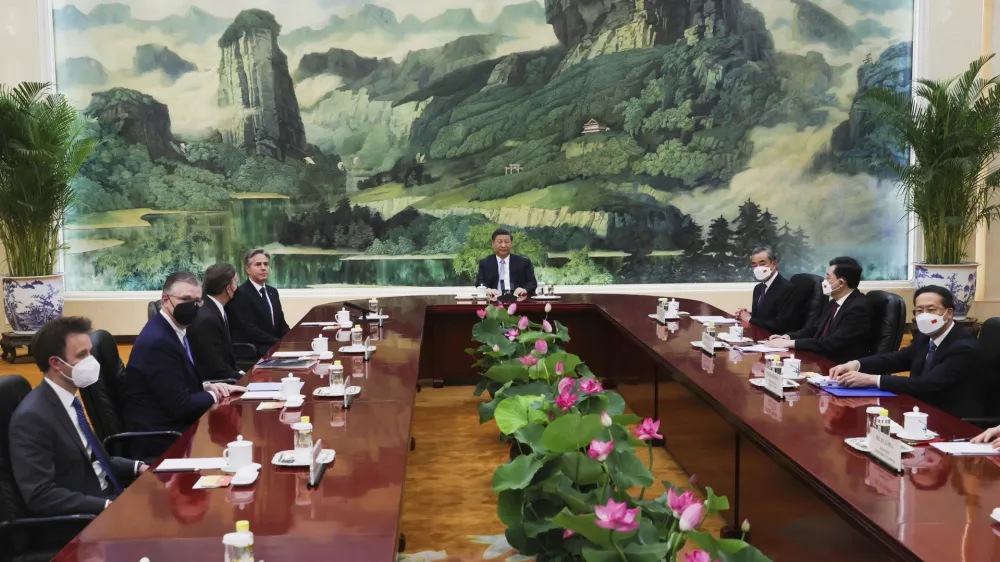 U.S. Secretary of State Antony Blinken, fourth left, meets with Chinese President Xi Jinping, center, and Wang Yi, Chinese Communist Party's foreign policy chief, third right, in the Great Hall of the People in Beijing, China, Monday, June 19, 2023. (Leah Millis/Pool Photo via AP)