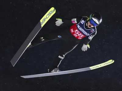 Slovenia's Nika Kriznar in action, during the big hill race at Lysgårdsbakkene jumping facility, in Lillehammer, Norway, Sunday, Dec. 5, 2021. (Geir Olsen/NTB scanpix via AP)