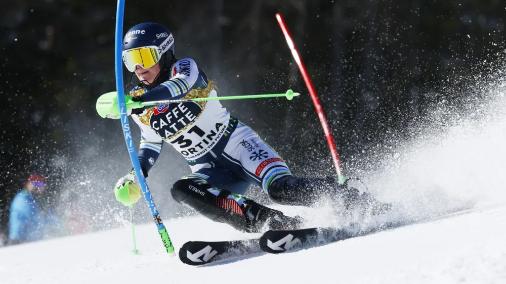 ﻿Alpine Skiing - FIS Alpine World Ski Championships - Cortina d'Ampezzo, Italy - February 20, 2021 Slovenia's Andreja Slokar in action during her first run in the Women's Slalom REUTERS/Denis Balibouse