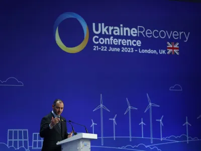 Oleksandr Kubrakov, Deputy Prime Minister for Restoration of Ukraine, speaks at the Ukraine Recovery Conference in London, Britain June 21, 2023. REUTERS/Hannah McKay/Pool