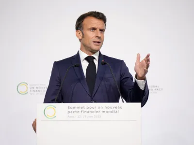 French President Emmanuel Macron speaks during a joint press conference with William Ruto, President of Kenya, Kristalina Georgieva, President ff the International Monetary Fund, U.S. Treasury Secretary Janet Yellen and World Bank President Ajay Banga at the end of the New Global Financial Pact Summit, Friday, June 23, 2023 in Paris.World leaders and finance bosses were set to release a "to-do list" to help developing countries better tackle climate change and poverty, a long-sought goal of the two-day summit in Paris that wraps up on Friday. (AP Photo/Lewis Joly, Pool)