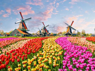 Traditional dutch windmills and houses near the canal in Zaanstad village, Zaanse Schans, Netherlands, Europe