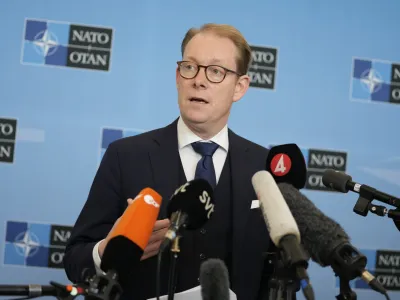 Sweden's Foreign Minister Tobias Billstrom speaks during a media conference at NATO headquarters in Brussels, Thursday, July 6, 2023. Senior officials from Sweden and Turkey arrived at NATO headquarters Thursday to examine Turkish President Recep Tayyip Erdogan's objections to the Nordic country joining the military alliance and to see what more, if anything, could be done to break the deadlock. (AP Photo/Virginia Mayo)