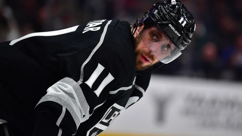 Apr 29, 2023; Los Angeles, California, USA; Los Angeles Kings center Anze Kopitar (11) reacts during the third period in game six of the first round of the 2023 Stanley Cup Playoffs at Crypto.com Arena. Mandatory Credit: Gary A. Vasquez-USA TODAY Sports