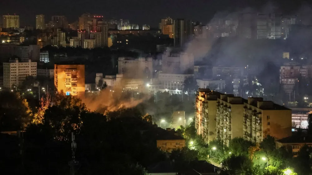 Smoke rises in the sky over the city after a Russian drone strike, amid Russia's attack on Ukraine, in Kyiv, Ukraine July 13, 2023. REUTERS/Gleb Garanich