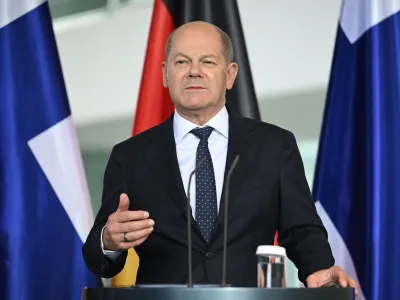 14 July 2023, Berlin: German Chancellor Olaf Scholz speaks during a joint press conference with with Finnish Prime Minister Orpo (not pictured following their meeeting at the Chancellery. Photo: Britta Pedersen/dpa