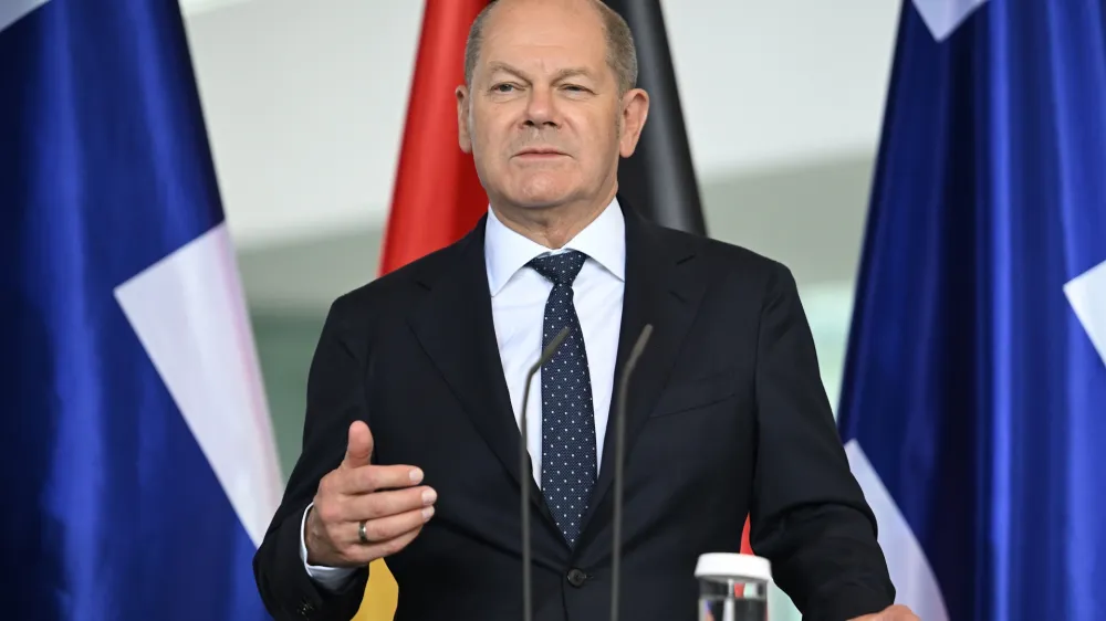 14 July 2023, Berlin: German Chancellor Olaf Scholz speaks during a joint press conference with with Finnish Prime Minister Orpo (not pictured following their meeeting at the Chancellery. Photo: Britta Pedersen/dpa