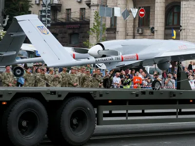 FILE PHOTO: A drone Bayraktar is seen during a rehearsal for the Independence Day military parade in central Kyiv, Ukraine August 18, 2021. REUTERS/Gleb Garanich/File Photo