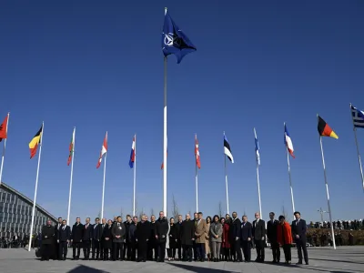 04 April 2023, Belgium, Brussels: Nato members pose for a group photo during a flag-raising ceremony after Finland's accession to NATO, at the NATO headquarters in Brussels. Finland became on Tuesday the 31st member state of The North Atlantic Treaty Organization (NATO). Photo: Emmi Korhonen/Lehtikuva/dpa