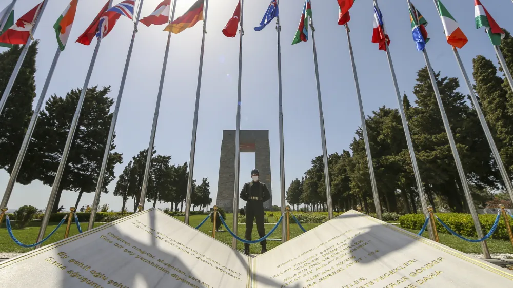 A Turkish soldier stands guard during the international service in recognition of the Gallipoli campaign at Mehmetcik monument in the Gallipoli peninsula, Turkey, Sunday, April 24, 2022. The annual Anzac Day ceremony on Monday, April 25 remembers the forces of the Australian and New Zealand Army Corps under British command in World War I who fought a bloody nine-month battle against Turkish forces on the Gallipoli peninsula in 1915. (AP Photo/Emrah Gurel)