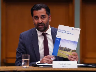 27 July 2023, United Kingdom, Edinburgh: First Minister of Scotland Humza Yousaf speaks at the launch of a policy paper on citizenship in an independent Scotland at the National Records Of Scotland in Edinburgh. Photo: Andrew Milligan/PA Wire/dpa