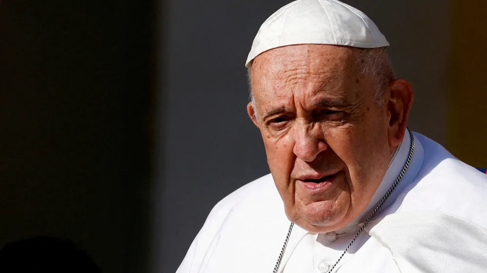 FILE PHOTO: Pope Francis looks on as he holds the weekly general audience in St. Peter's Square at the Vatican, May 31, 2023. REUTERS/Guglielmo Mangiapane/File Photo