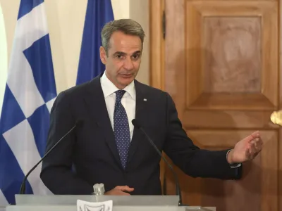 Greek Prime Minister Kyriakos Mitsotakis attends a news conference with Cyprus President Nikos Christodoulides at the Presidential Palace in Nicosia, Cyprus July 31, 2023. REUTERS/Yiannis Kourtoglou/Pool