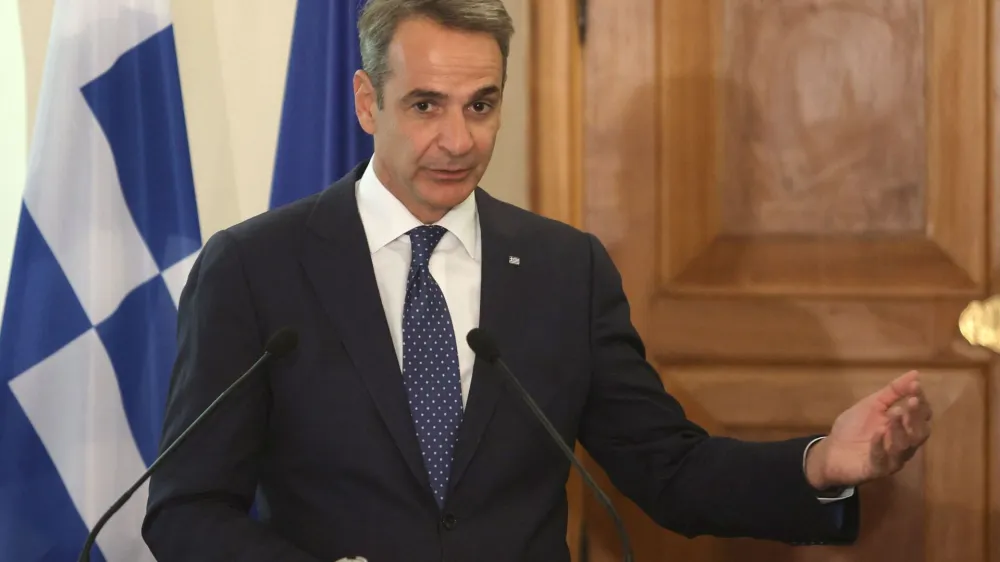 Greek Prime Minister Kyriakos Mitsotakis attends a news conference with Cyprus President Nikos Christodoulides at the Presidential Palace in Nicosia, Cyprus July 31, 2023. REUTERS/Yiannis Kourtoglou/Pool