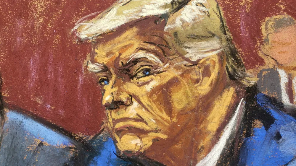 FILE PHOTO: Former U.S. President Trump appears on classified document charges after a federal indictment at Wilkie D. Ferguson Jr. United States Courthouse, in Miami, Florida, U.S., June 13, 2023 in a courtroom sketch.  REUTERS/Jane Rosenberg/File Photo