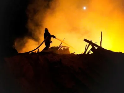 A firefighter extinguishes a fire in the aftermath of an attack, amid Russia's attack on Ukraine, given as Starokostiantyniv, Khmelnytskyi Region, Ukraine, in this handout photo released on August 6, 2023, courtesy of the Khmelnytskyi region administration/Handout via REUTERS THIS IMAGE HAS BEEN SUPPLIED BY A THIRD PARTY MANDATORY CREDIT   TPX IMAGES OF THE DAY