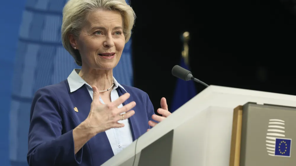 European Commission President Ursula von der Leyen speaks during a media conference at an EU summit in Brussels, Friday, June 30, 2023. European Union leaders on Friday resumed migration talks for a second day as Poland and Hungary continued to block progress after they were outvoted earlier this month on a plan to share out refugees arriving in Europe among the 27 member countries. (AP Photo/Geert Vanden Wijngaert)