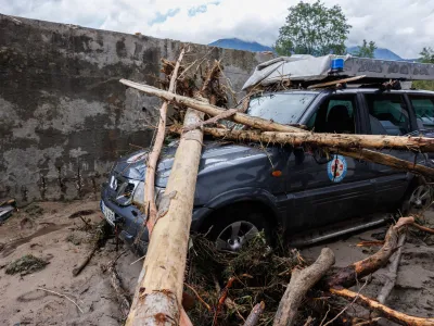 06 August 2023, Slovenia, Kamnik: A vehicle of the mountain rescue service is destroyed after the flood. Photo: Luka Dakskobler/SOPA Images via ZUMA Press Wire/dpa